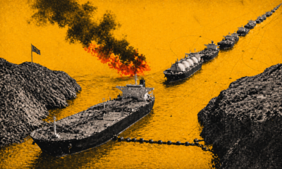 High-contrast editorial collage of oil tankers and LNG ships queued through a narrow rocky maritime chokepoint, with a floating barrier blocking the lead vessel and black smoke rising against a vivid yellow background, symbolizing the Hormuz energy-supply shock.