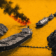High-contrast editorial collage of oil tankers and LNG ships queued through a narrow rocky maritime chokepoint, with a floating barrier blocking the lead vessel and black smoke rising against a vivid yellow background, symbolizing the Hormuz energy-supply shock.