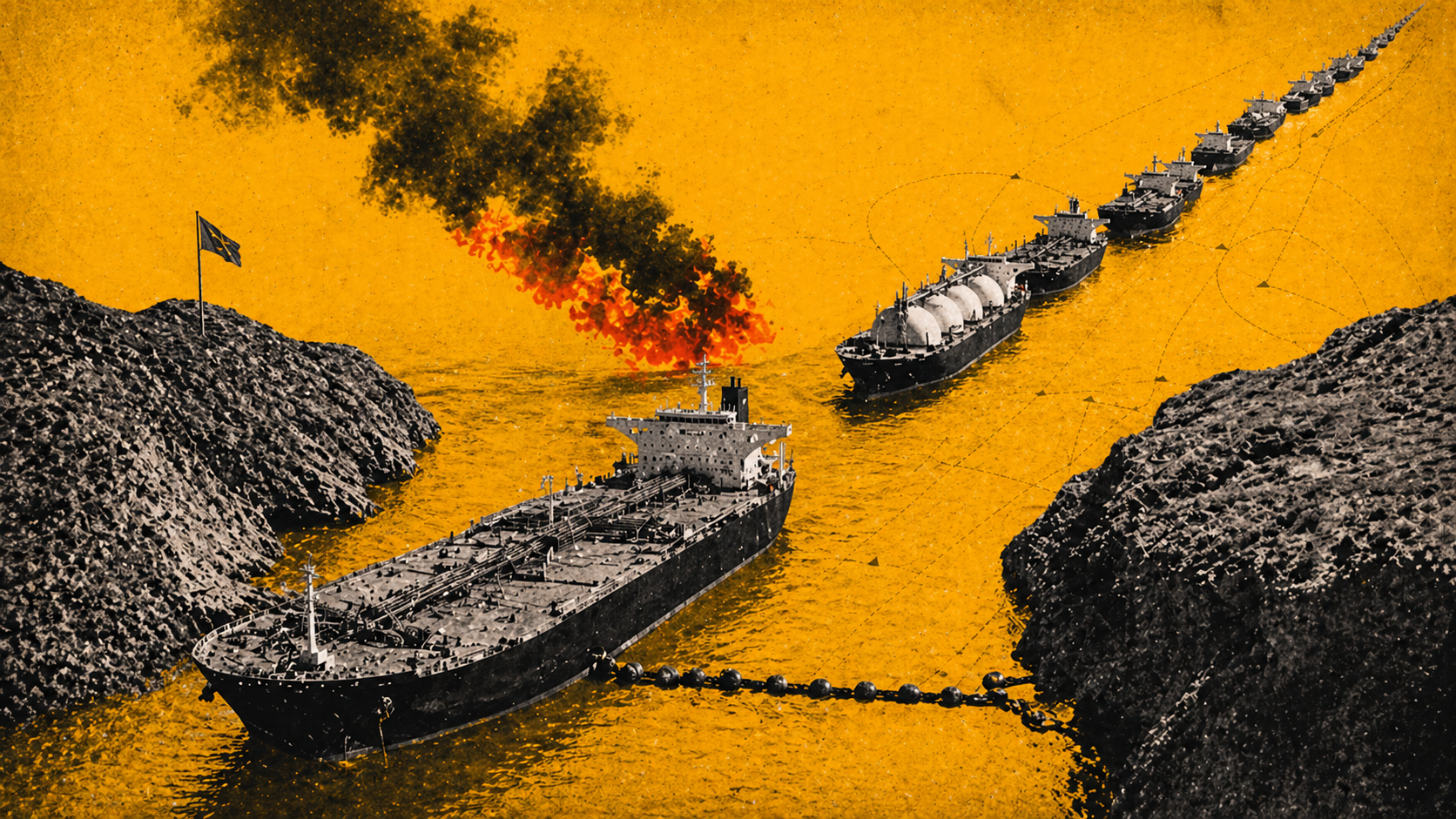 High-contrast editorial collage of oil tankers and LNG ships queued through a narrow rocky maritime chokepoint, with a floating barrier blocking the lead vessel and black smoke rising against a vivid yellow background, symbolizing the Hormuz energy-supply shock.