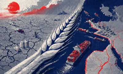 Illustrated editorial scene of a storm swirling over a strategic maritime chokepoint, with container ships and LNG tankers moving through a narrow channel between cracked industrial coastlines and a red-highlighted regional map.