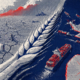 Illustrated editorial scene of a storm swirling over a strategic maritime chokepoint, with container ships and LNG tankers moving through a narrow channel between cracked industrial coastlines and a red-highlighted regional map.