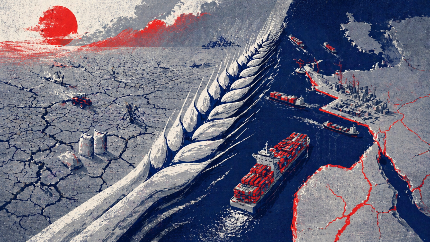 Illustrated editorial scene of a storm swirling over a strategic maritime chokepoint, with container ships and LNG tankers moving through a narrow channel between cracked industrial coastlines and a red-highlighted regional map.
