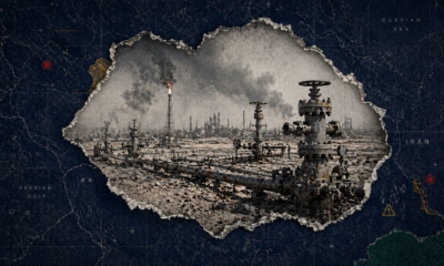 Editorial collage showing Iranian oilfield pipelines, wellheads, and flare stacks revealed through a torn map-style cutout, illustrating oil infrastructure vulnerability under a Hormuz closure.