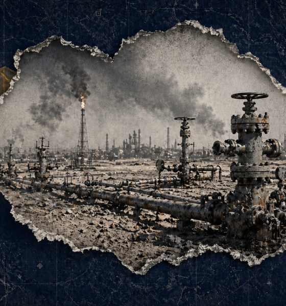 Editorial collage showing Iranian oilfield pipelines, wellheads, and flare stacks revealed through a torn map-style cutout, illustrating oil infrastructure vulnerability under a Hormuz closure.