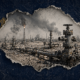 Editorial collage showing Iranian oilfield pipelines, wellheads, and flare stacks revealed through a torn map-style cutout, illustrating oil infrastructure vulnerability under a Hormuz closure.