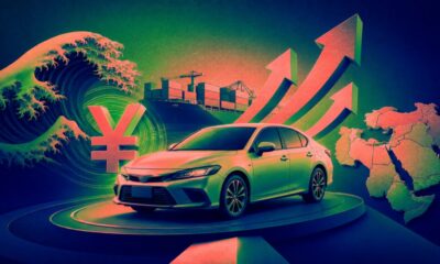 Stylized neon illustration of a yen symbol, Japanese car, cargo ship, rising arrows, and MENA map showing the impact of yen volatility on car import costs.