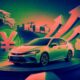 Stylized neon illustration of a yen symbol, Japanese car, cargo ship, rising arrows, and MENA map showing the impact of yen volatility on car import costs.